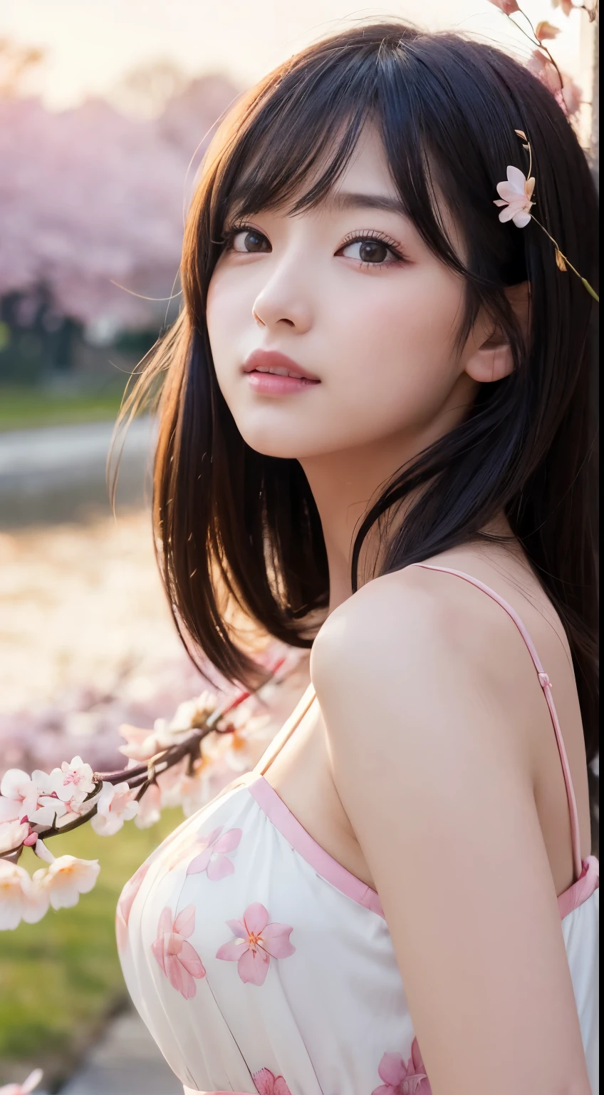 (logo、masterpiece、8k、Tabletop、RAW Photos、wonderful、最high quality、Photorealistic and Very detailed CG integrated 8k wallpaper、high quality、Very detailed、narrative poem、Particle Effects、Dynamic Effects、Depth of written boundary、Cinematic Light、Lens flare、Ray Tracing)、Fantasy、 (1 beauty、dress、dress、Cherry blossom pattern、Black-haired、Beautiful Face、True Face、Beautiful details、eye、Beautiful Skin)、my hair dances in Wind、Hair flutters in Wind、Hair bounces、Pink cherry blossom tree、Petals flutter、SakuraFubuki、wonderful景色、Morning Glow、Sun in the background、Wind、