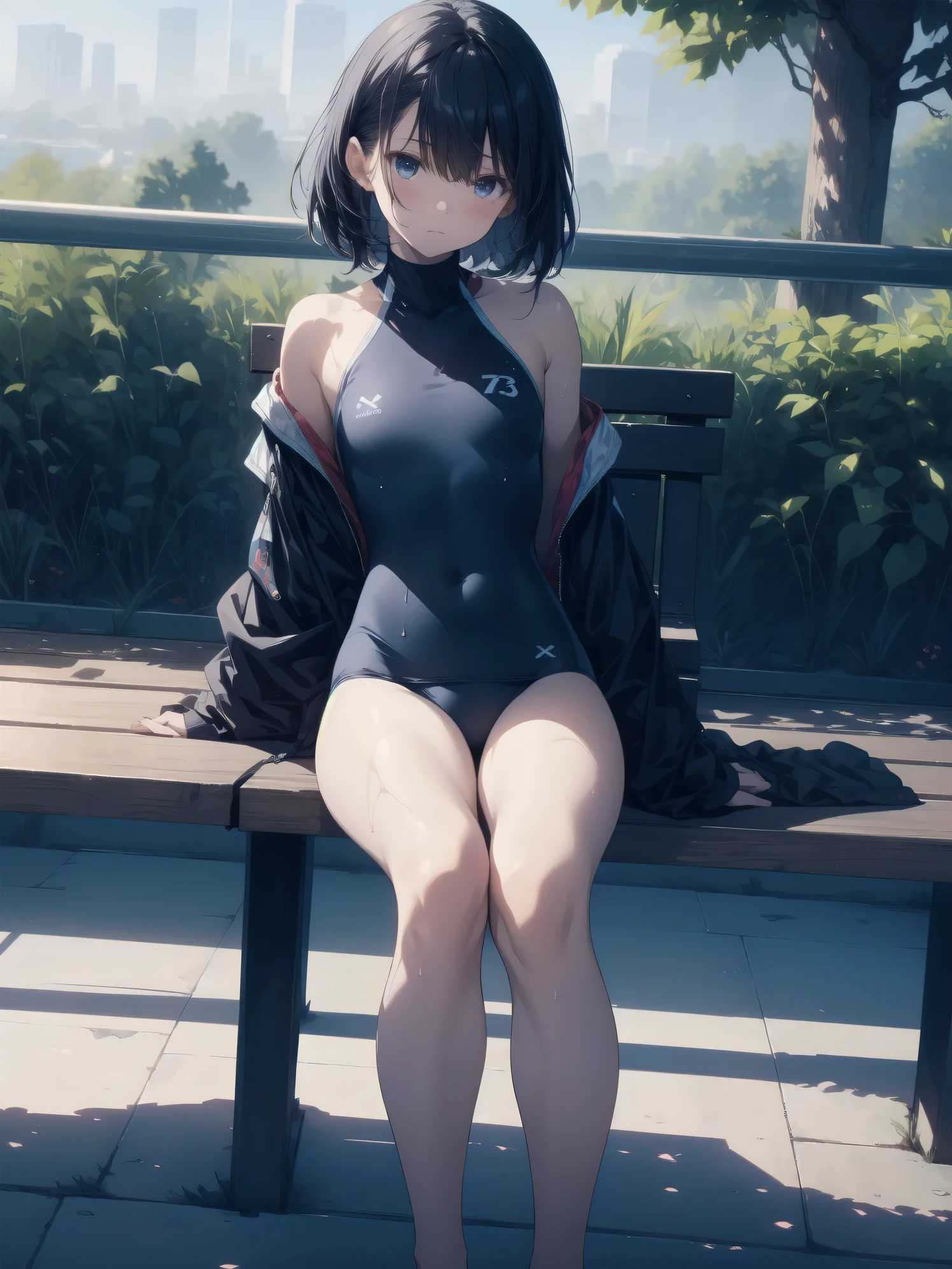 ultra-absurdres-Top quality by artist God, ultra-detailed, high resolution, anime moe artstyle, best anime 8k konachan wallpaper, pixiv contest winner, pool:2810, perfect anatomy,break,(Please draw a picture of a swimsuit girl sitting sleepily on a bench by the poolside alone.),break, 1girl, (Solo,ta, little female,13-year-old:1.3),Full limbs, complete fingers, androgynous charm, (very short hair), wet hair, flat chest,slender body, Small butt, groin, Small black eyes,hanme,beautiful detailed eyes, well-proportioned iris and pupils, sleepy eyes, highres detailed hair, wet, wearing swimsuit, school swimsuit, in the school poolside. break,super detailed skin, Best cinematic lighting powered by famous artist, 8k,beauty illustration,photoshop_(medium),very aesthetic,break,((artist:nyantcha )), artist:clamp ,artist:carnelian ,artist:kantoku ,