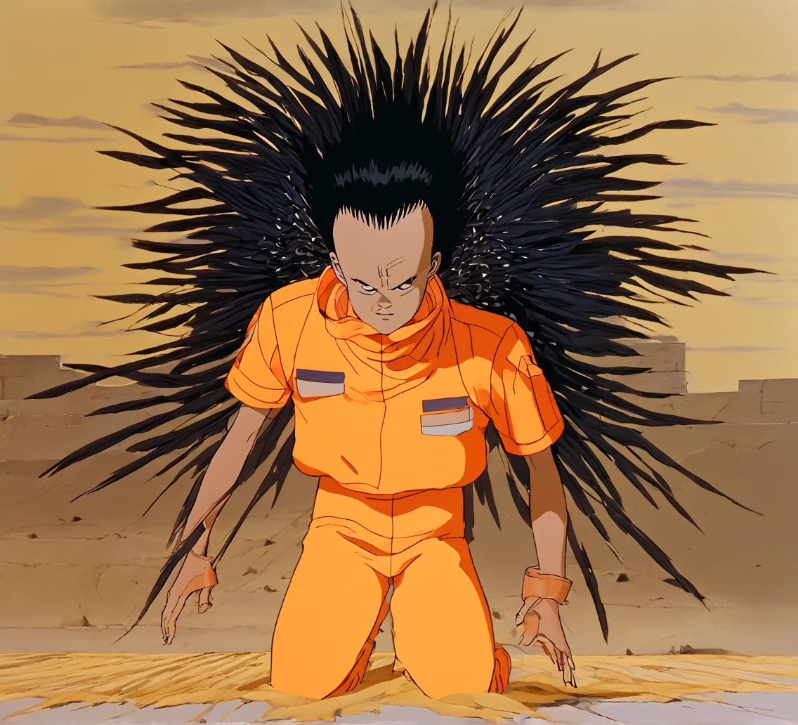 1man, black hair, medium cornrows, flattop, halo, Black Angel Wings, Orange Tracksuit, sad and scared, Desert, Akira Style + Jamie Hewett, Surrealism