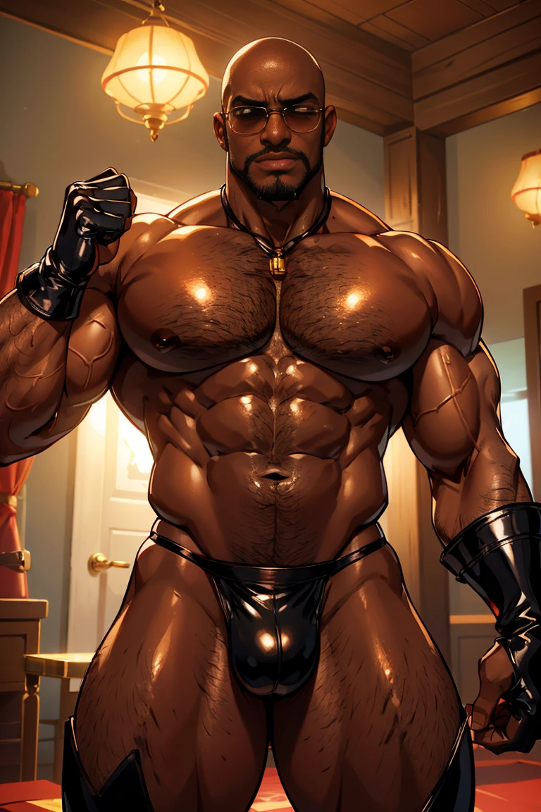 African-American man, shaved head, full lips, black beard, sensual expression, honey-colored eyes, handsome and masculine face, chocolate-colored skin, oily and shiny skin, huge chest, huge and swollen nipples, huge thighs, huge biceps, bulging veins. He is in a red room, black underwear, black harness, sunglasses, black leather gloves.