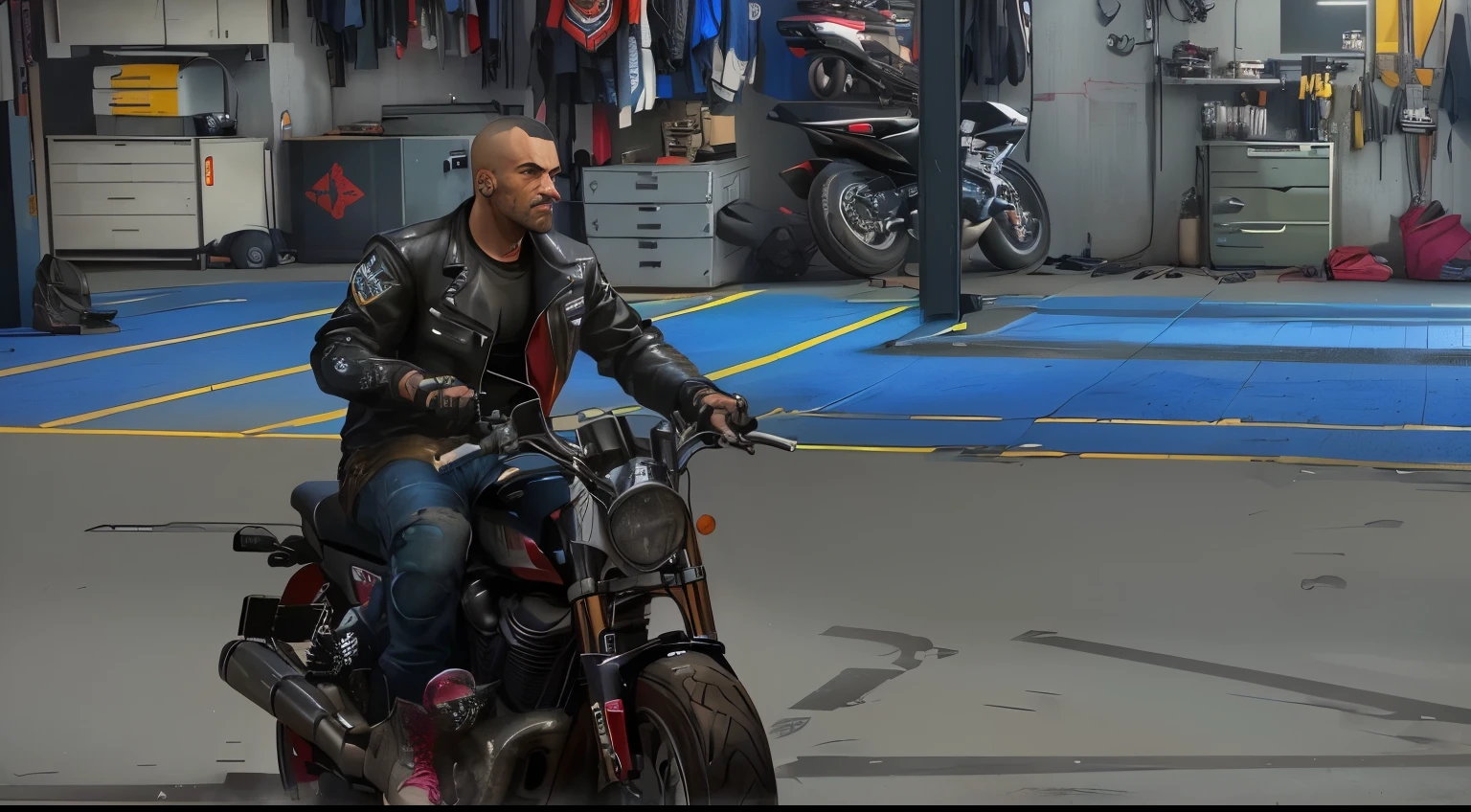 there is a man riding a motorcycle in a garage, sitting on gtav motorbike,, cyberpunk garage on jupiter, gta 6 style, gta character, gta5 style, grand theft auto style, as a character from gtav, mechanic punk outfit, standing in his cluttered garage, gta v style, style of gta v, hyper detailed scene
