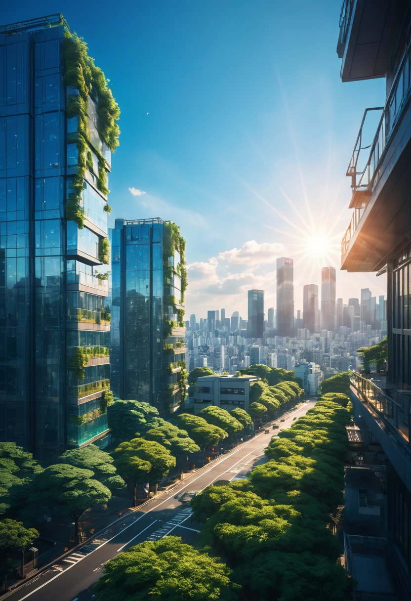 landscape, summer, sun, Tokyo, architecture, unmanned, nobody, Hot weather, Blue sky, HD details, Super detailed, , Surrealism, Soft Light, Deep Focus Bokeh, Ray tracing, gwise on pixiv art site, Xin Haicheng, Art bud