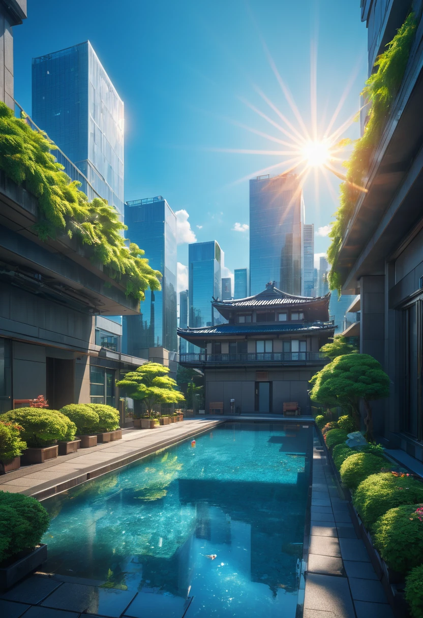landscape, summer, sun, Tokyo, architecture, unmanned, nobody, Hot weather, Blue sky, HD details, Super detailed, , Surrealism, Soft Light, Deep Focus Bokeh, Ray tracing, gwise on pixiv art site, Xin Haicheng, Art bud