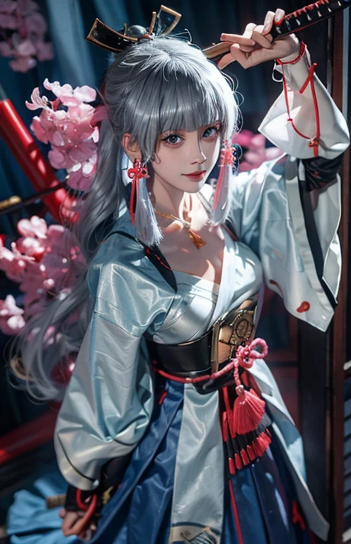 sword, arms, Keep sword, Japanese clothes, Samurai sword, 1 Girl, long hair, Solitary, Keep arms, Keep, Silver Hair, Vague, white kimono, flashing, breast, very long hair, looking at the audience, sheath, Water Drop, Shrine maiden, Short sleeve, Shut up, Depth of Field, Bangs, kimono, Vague foreground, Vague background, Smile, unsheathed, bubble, besides, Wide sleeves