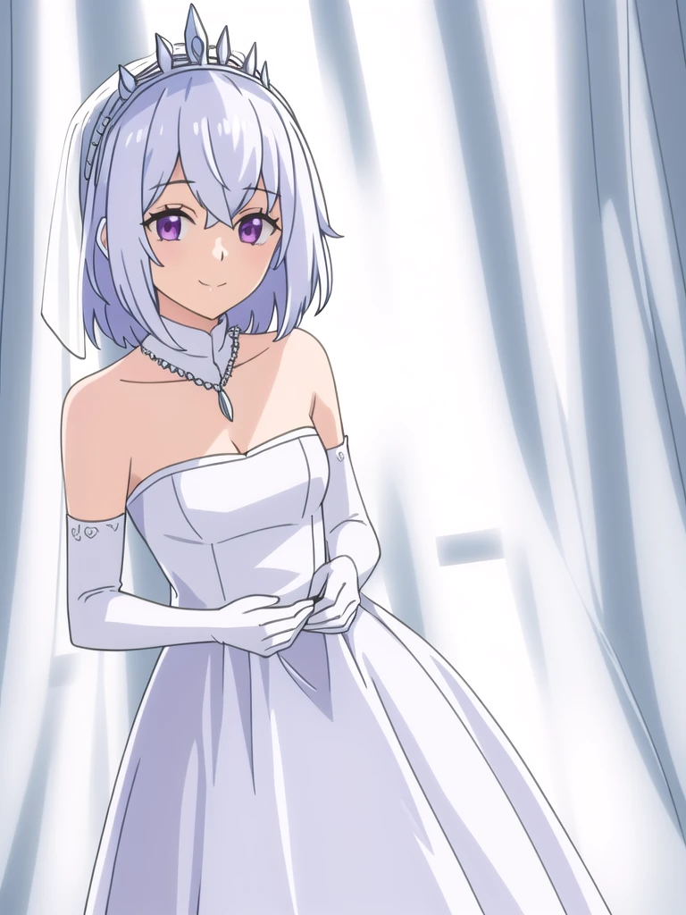 ((Best quality))),((Ultra-detailed)),((illustration)),((Disheveled hair)),((frilld)),(1 girl),(Solo), 1girl,solo,rating:safe,wedding,bare_shoulders,breasts,bridal_gauntlets,bridal_veil,cleavage,clothing,crown,curtsey,dress,drop_earrings,earrings,elbow_gloves,female,female_only,gloves,headdress,headwear,jewelry,layered_dress,looking_at_viewer,necklace,skirt_hold,smile,standing,strapless,strapless_dress,tiara,veil,white_dress,white_footwear,white_gloves,short_hair,purple_eyes, silver_hair,wedding_dress,long_dress