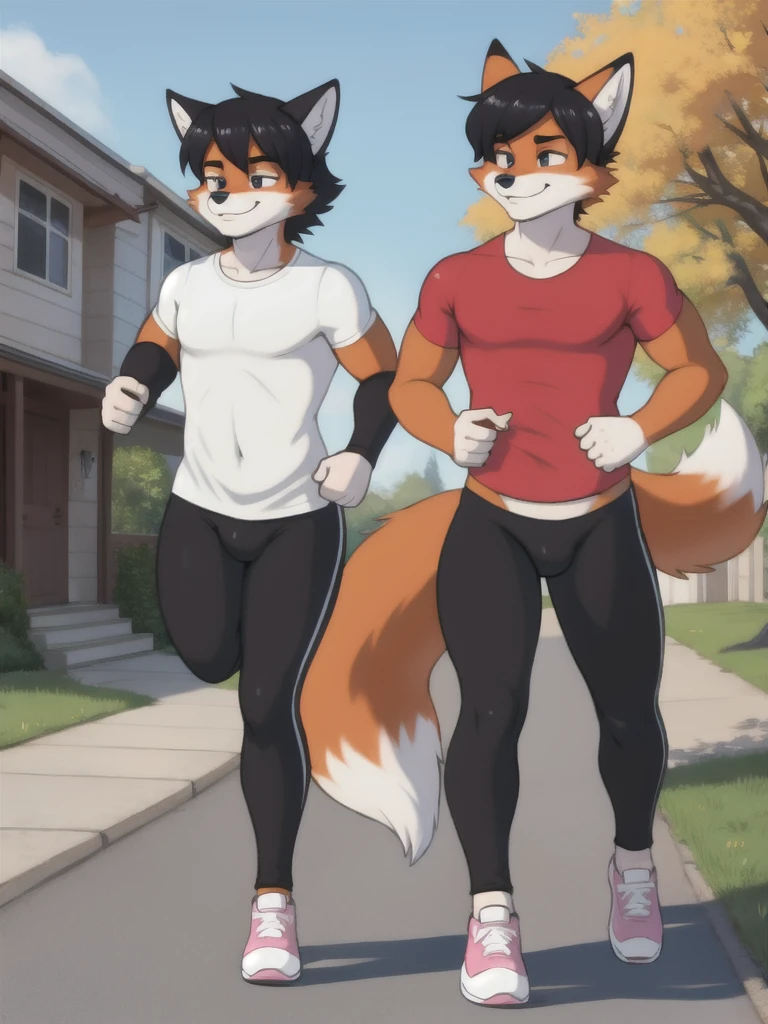 Furry, fox, male, twins, black leggings, white shirt, jogging outside the house, teen