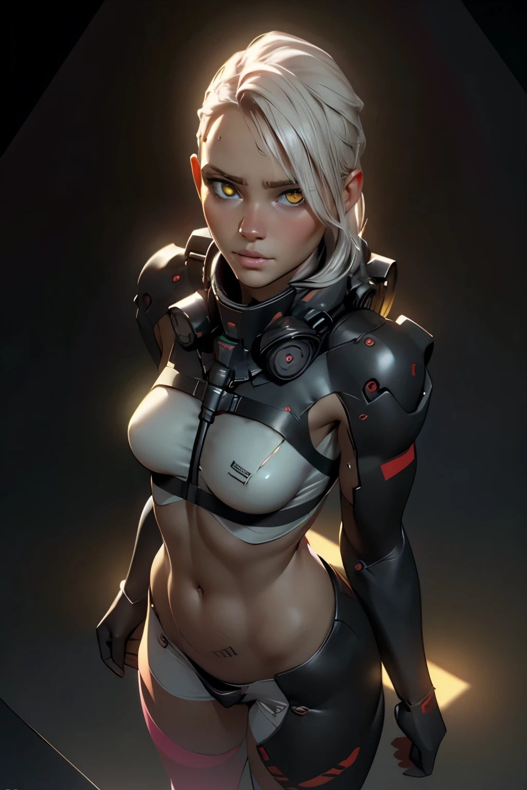 Pretty, Woman, Sexy face, Yellow eyes, White hair, Slim body, Sexy Pose, Pink tights, mechs, Neon sign, Led Night City, Seen from above, High quality, Realistic, Beautiful light, full detail, Black background,,((flat chested, flat stomach, baby face)), (intense colors),cinematic still 3D CGI ,close up, 3D rendering, cinematic lighting, unreal engine, blender