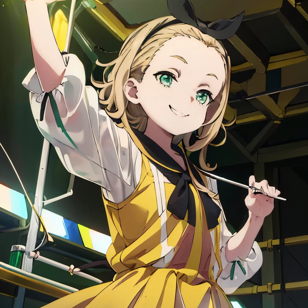 Masterpiece、Kurumi、Blonde、Short Hair、Black Ribbon、Green Eyes、Yellow Dress、(((Holding a conductor's stick)))、smile、Live Stage