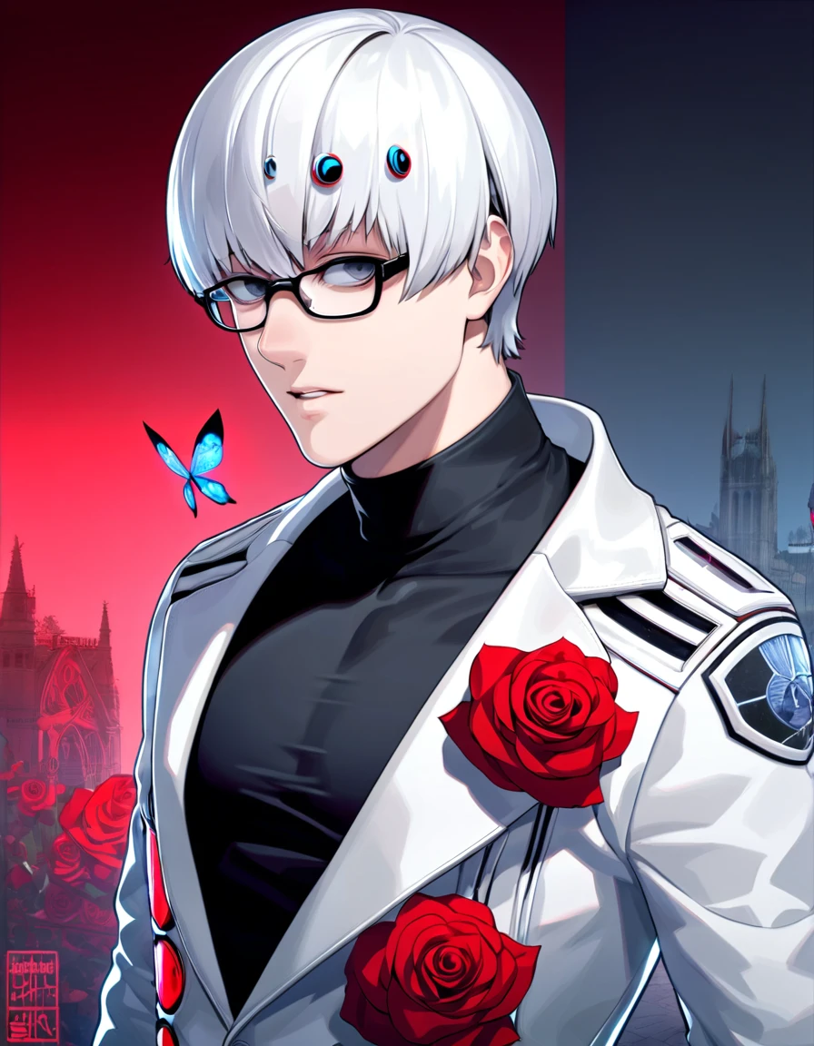 absurdres, highres, ultra detailed, HDR, master piece, best quality, Arima Kishou, white hair, expressive gray eyes, tokyo ghoul:re, solo, sexy man, handsome, white coat, black tight shirt, glasses, magical, fantasy, red roses, red butterflies, red petals, red sky