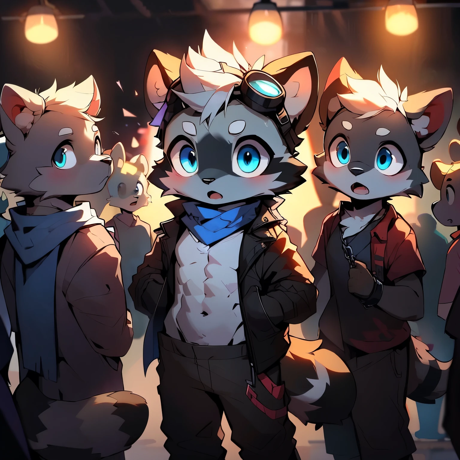 teen furry, furry, teenager, raccoon, grey body, long brown spiked_ponytail, detailed eyes, Detailed body fur, long blue scarf, leather_harness, blue_breechcloth, goggles, no shirt, no jacket, gray body, Detailed face, big eyebrows, blue eyes, detailed eyes, No muscles, Detailed hands, Flat body, Skinny, Detailed paws, metal cuffs on wrists, metal cuffs on ankles, black baggy pants, crowded nightclub, shocked, surprised