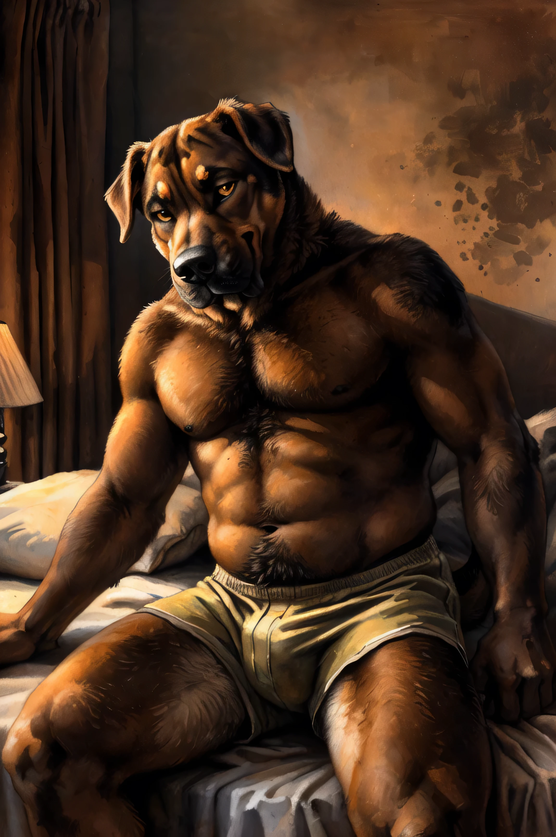 (mastiff), (solo), male, anthro, (by Blotch, by kenket), (tail:1.4), (perfect hands), (((smug expression))), ((romantic bedroom background), inside, powerful silhouette, mysterious shadows), realistic shading, (epic, masterpiece, high quality, 8k, ultra HD, absurd res, top quality, best quality, max quality, masterpiece), ((thick fur, large build)), correct anatomy:1.2, ((mature male)), sexy, (bulge:0.6), (brown fur), laying on bed, looking at viewer, small shorts, amber eyes,