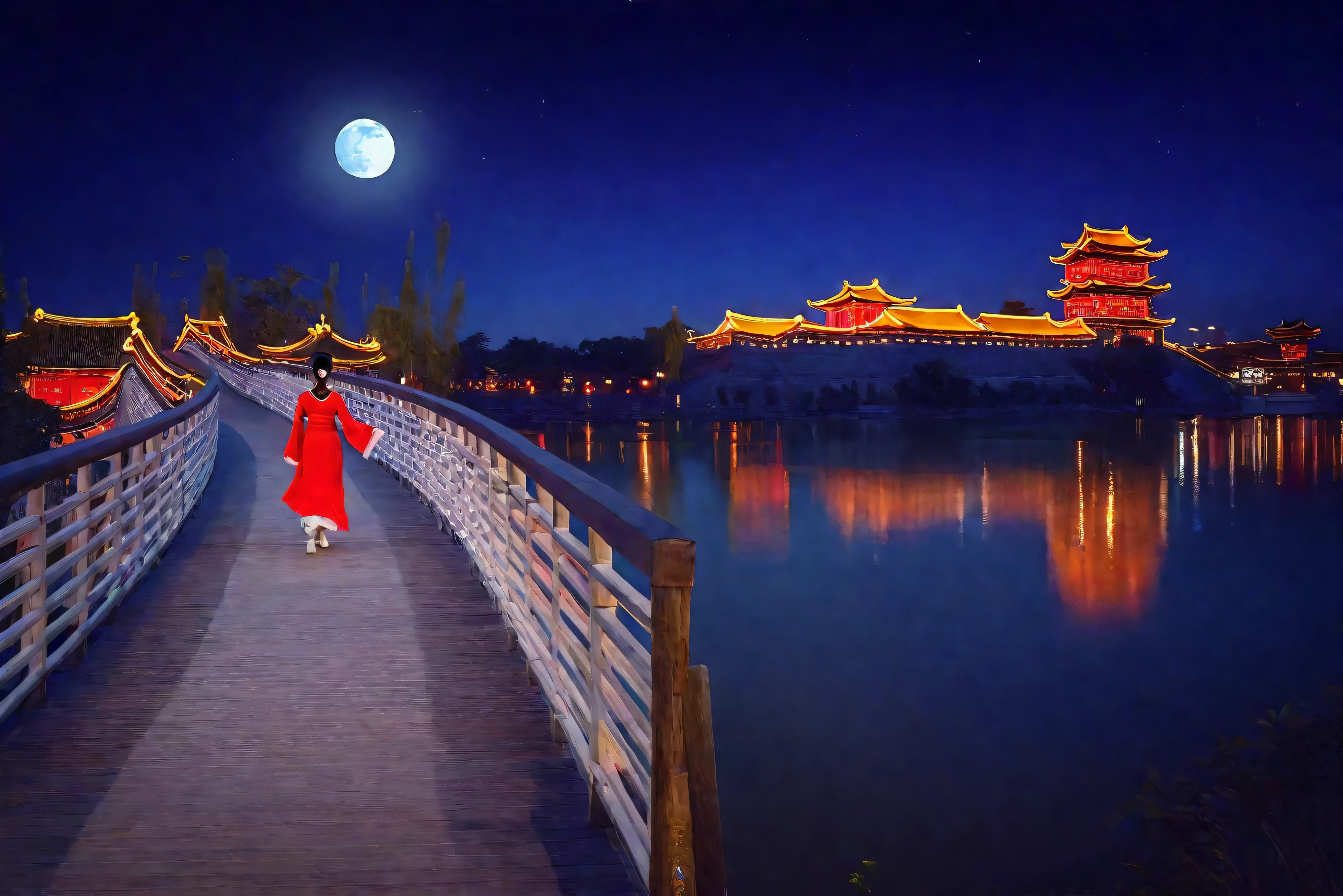 Girl in red walking on the bridge at night, blue sky white moon chinese architecture, Guangjian, Dreamy Chinatown, girl, night, Tang Dynasty Palace, Chinese Palace, Beautiful rendering of the Tang Dynasty, 1 illuminated bridge across the river, Magical colors and atmosphere, blue sky white moon、masterpiece、high resolution, (Reality:1.4), reality photos, National Geographic Photo, RAW photos,Best quality),(reality,照片Reality:1.3),masterpiece,Extremely exquisite and beautiful,high resolution,Original,Perfect lighting,Amazing,Fine details