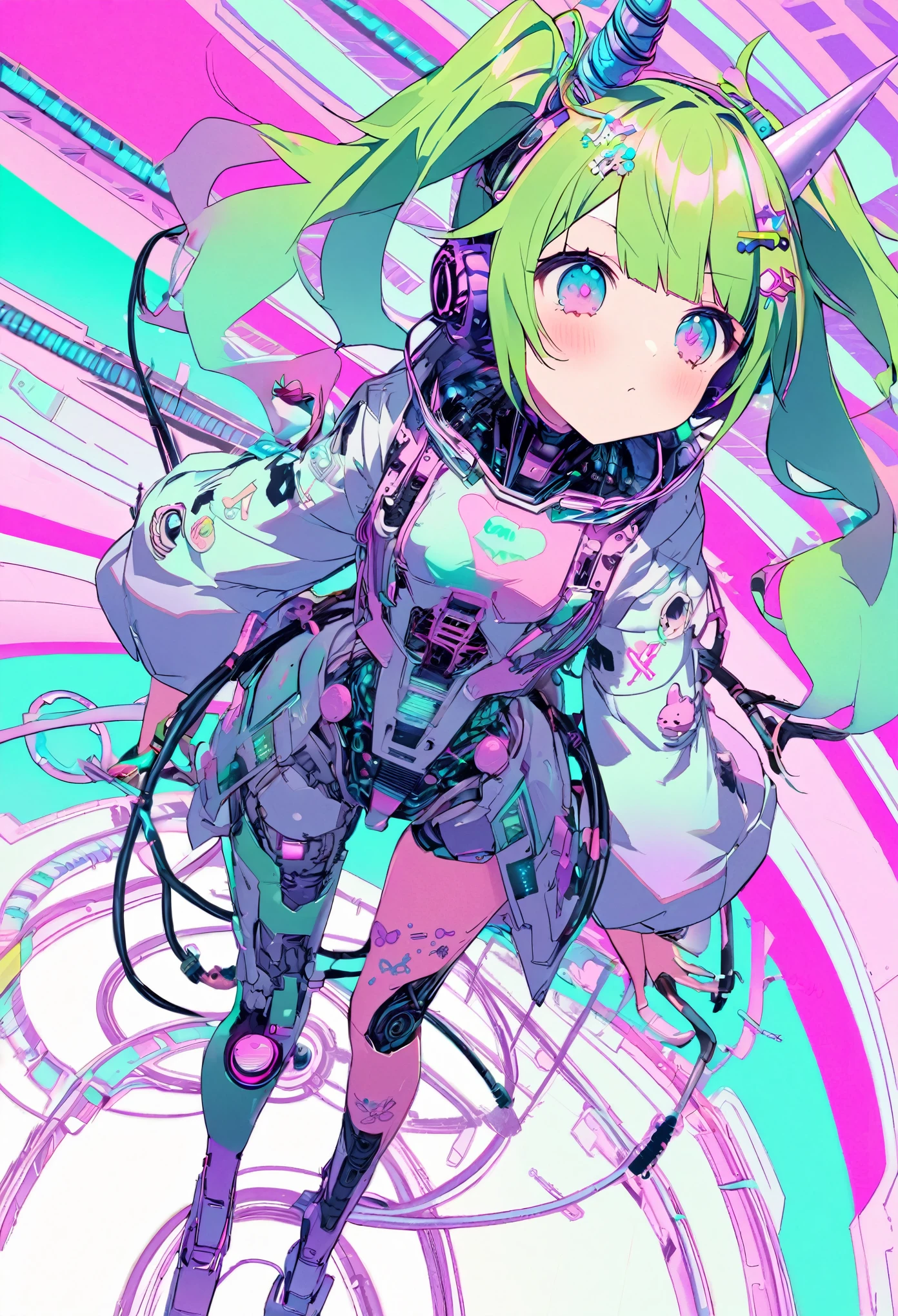 One girl, Decora, Dynamic Angle, Breathtaking, From above, Forced perspective, Oversized jackets, neko ears, green hair, Unicorn horn, Cybergoth themed, cutetech, pastel colour, cute, cute色, SF, Reel mechanism, cyborg, Robot parts, Cables and Wires, Microchip, , cute, Color Palette: green, purple, pink
