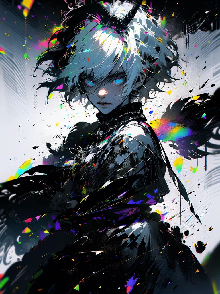 1 handsome guy,Rainbow pupils,Black and white hair,ultra - detailed,(s fractal art:1.4), rich colourful, detailed back ground,(Fractals in the background:1.2),Chaos and order,Black and white,Light and darkness,angel and demon, hight contrast, Ray traching, cinmatic lighting, (Start from the front:0.6)