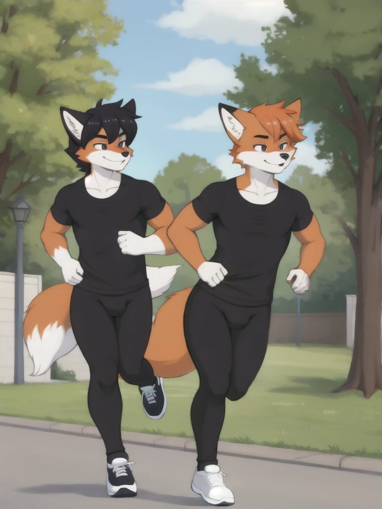 Furry, fox, male, twins, black leggings, white shirt, jogging outside the house, teen
