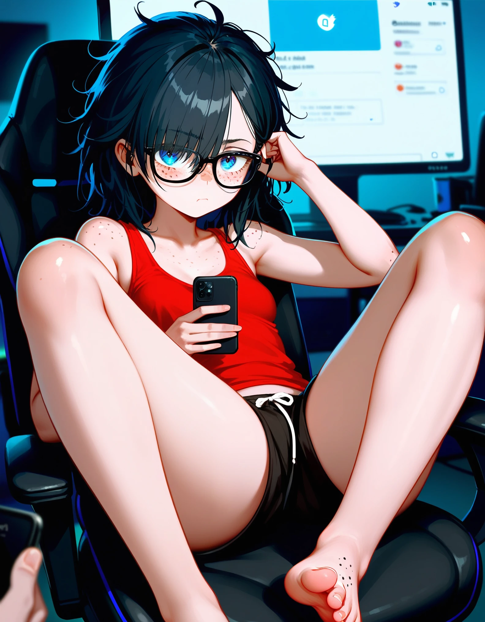 score_9,score_8_up,score_7_up, a young nerdy woman, tall, awkward, long black messy hair, hair covering one eye, long hair, freckles, blue eyes, black glasses, thick thighs, small breasts, naked, wearing loose red tank top, black short shorts, barefoot, perfect soft feet, 5 toes, bored, sitting on a gamer chair, foot focus, she is leaning back, holding an iPhone,
