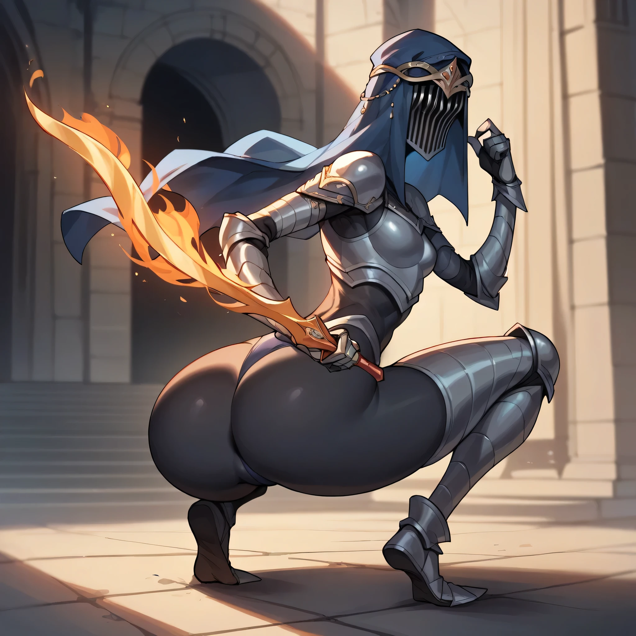 score_9, score_8_up, score_8, source_anime, 1girl, faceless, armor, helmet, dark blue veil, gauntlets, colored skin, black skin, small breasts, slim waist, slender arms, big ass, looking at viewer, crouching, holding, holding sword, flaming sword,
castle background, blurry background,