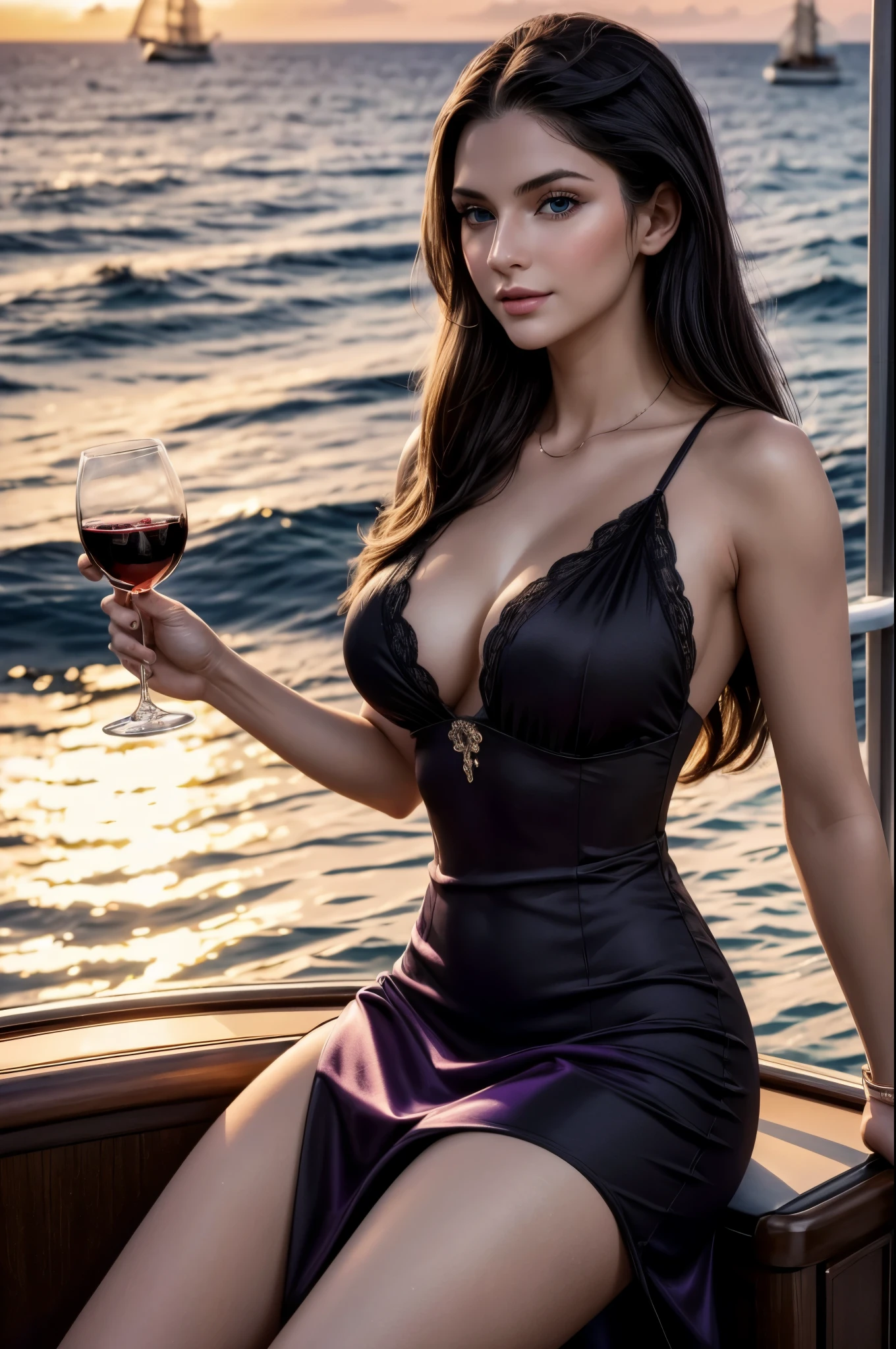 masterpiece, best quality, extremely detailed, hyperrealistic:1.1, photorealistic, a beautiful 20s russian model, ultra detailed face:1.1, black hair, purple dress, sunglasses on head:1.1, on yacht, in the sunset, sly smile:1.1, toasting, a glass of red wine