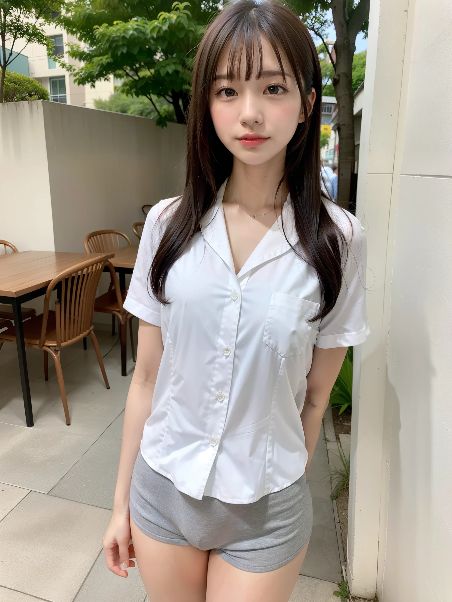 ((Best of the highest quality, 8k, Masterpiece, raw photo: 1.2)), Sharp focus: 1.2, (1 AESPA, slim body type female, 21 y/o: 1.1), (Solo: 1.28), (realistic, photo-realistic:1.37), face focus, cute face, finely eyes, (small breasts, flat chest, Thigh: 1.3), (short messy hair, bangs: 1.28), (business shirt, neat panties:1.32), (ribbon:1.2), walking terrace dining, sun light, flower,