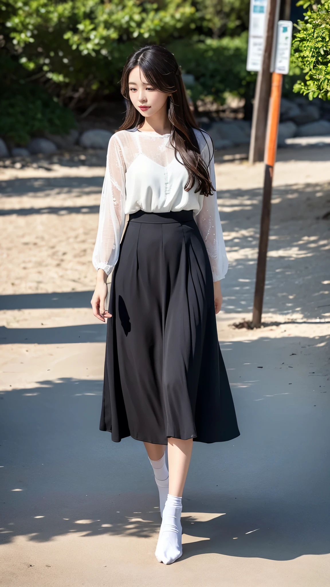 ((masterpiece))Lonely figurine of、Orange、Cast in bronze((highest quality))、Exquisite details、Every curve and texture is shown with incredible precision.。The bronze statue、Leaning casually against a weathered stick on a sunny beach、Standing tall。Long silver hair hanging loosely、Swaying in the sea breeze。The hair is neatly parted in the middle、like々The face is framed with a subtle and subtle glow.。 Wearing a simple black skirt fluttering in the wind、Revealing elegant white socks with delicate lace