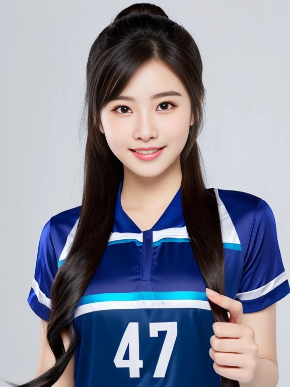 ภาพระยะใกล้ของผู้หญิงponytail, Woman wearing a volleyball shirt Expensive silk, dark blue, Thai anime girl, Chest size 36 inches, beautiful south ponytail,) long, Flowing hair, ponytail, beautiful young, bright and sparkling, beautiful south korean women, Tzuyu from two times, Jae Yeon Nam, Lee Ji Eun, Lee Ji-eun, wan's Korean face is so cute, Korean girl, cute korean stars,