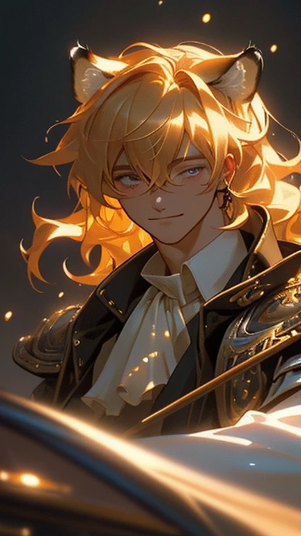 ((unreal engine, 4k high quality, trends of artstation, pixiv,soft render )) The blond anime man is 25 years old, wearing a rich ruffled white shirt and cravat, ruffle collar, an artist in leather armor. Cat-like tiger ears on his head, a mocking cunning face, a light smile, narrowed eyes. (Black sclera, red irises). Abstract background with circus and theatrical motifs, ((fantasy medieval setting, dnd,)) bard, yellow wavy hair, wavy long bang  (asymmetrical bang on one eye, hair tucked behind the ear on one side), aesthetics of vintage films, curtsy, mannerism, portrait, , soft shadows, dark cinematic lighting, mystical,(oblique bangs over one eye), sly charming smile, elongated face, Trickster, a dynamic shot, dynamic angle, rpg game character portrait, a relaxed , close up, Glitter particles, VictorianPunkAI, detailed beautiful face, 