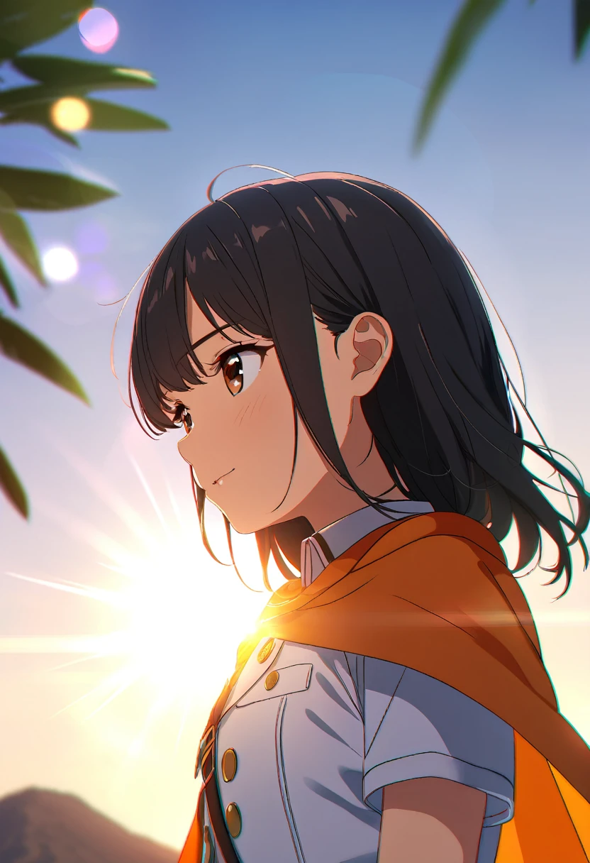 landscape, Science Fiction, summer, Blue sky, sun, outdoor, 17-year-old girl in white military uniform, Orange cape, Big brown eyes, Long black hair, Hot weather, Soft Light, Deep Focus Bokeh, Ray tracing,