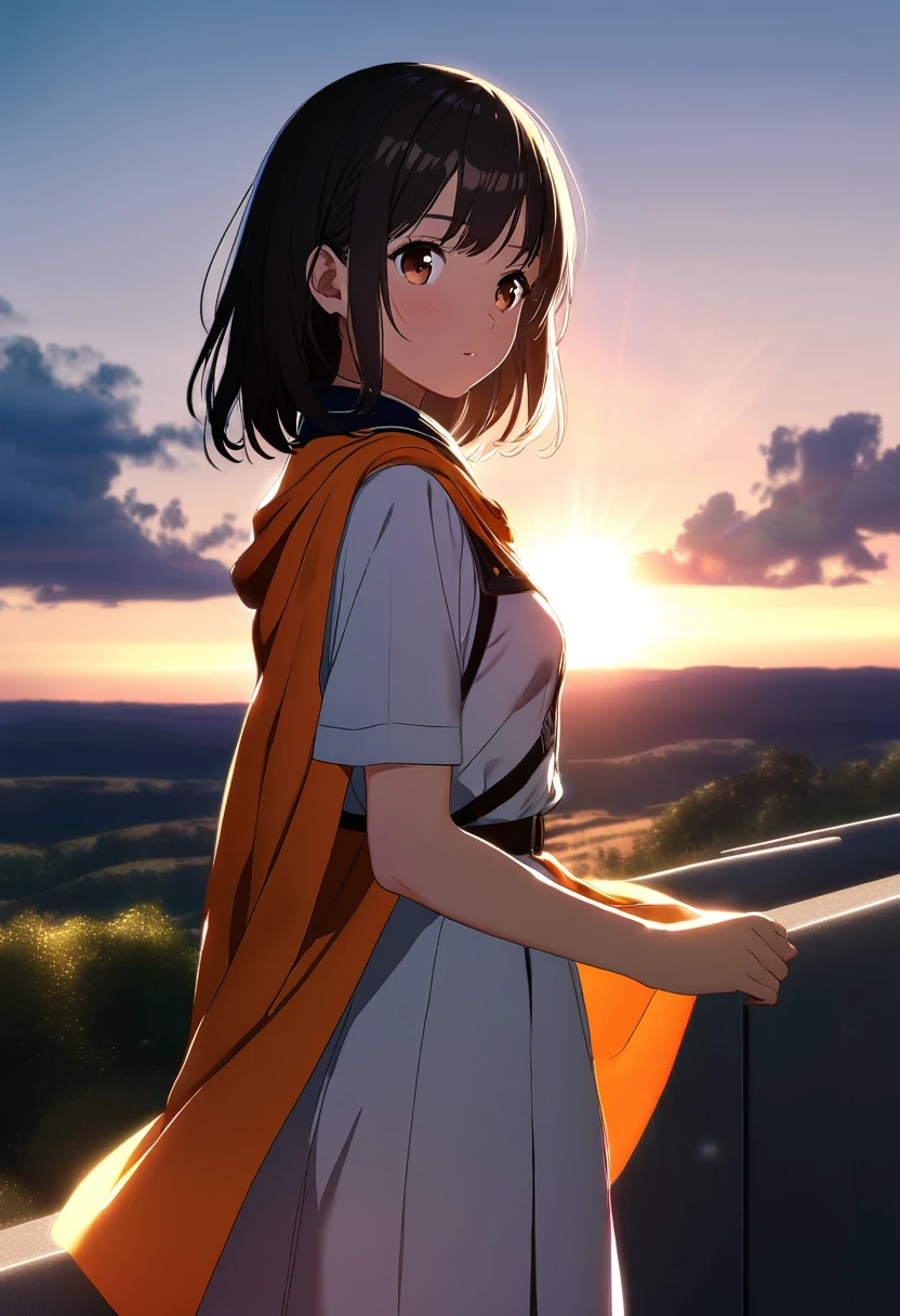 landscape, Science Fiction, summer, Blue sky, sun, outdoor, 17-year-old girl in white military uniform, Orange cape, Big brown eyes, Long black hair, Hot weather, Soft Light, Deep Focus Bokeh, Ray tracing,
