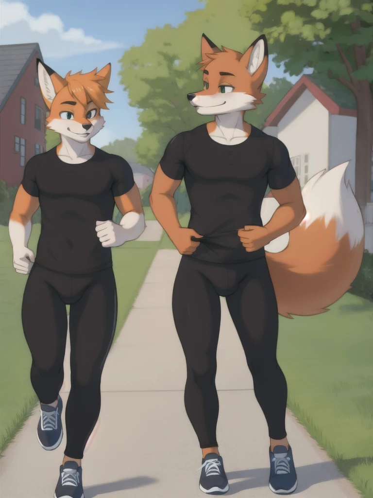 Furry, fox, male, twins, black leggings, white shirt, jogging outside the house, teen