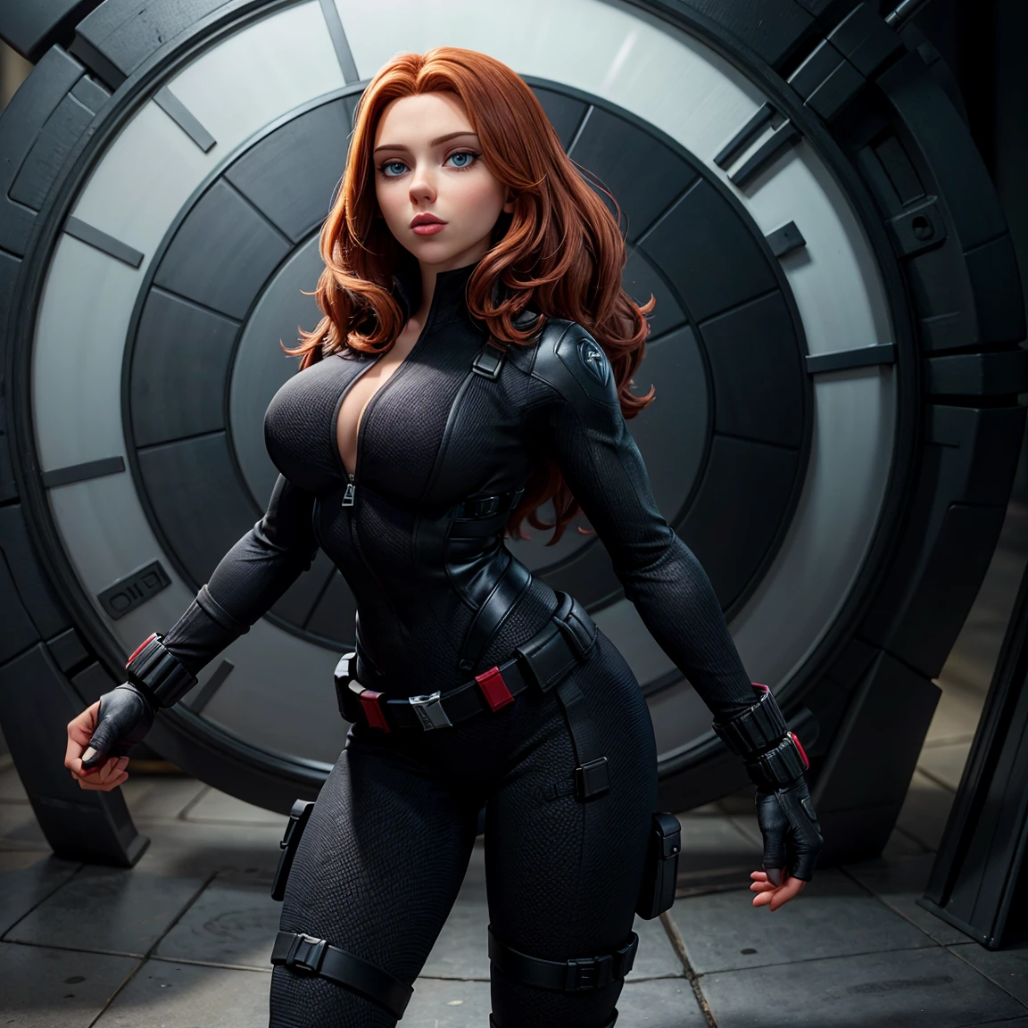 8K, Ultra HD, super details, high quality, high resolution. The heroine Black Widow looks beautiful in a full body photo, her body is sculptural, her medium wavy red hair is radiant in a perfect combination with her white skin, her bright blue eyes mesmerize everyone. She is wearing her heroine costume, This consists of, A tight, skin-tight bodysuit made of strong fabric, flexible material, probably kevlar or a similar material, The bodysuit has zippers on the sides for easy movement and access, There are red accents on the chest , forming a stylized hourglass symbol, which is a reference to her nickname "Black Widow", She wears a black belt with several compartments and pockets to carry her equipment and weapons, Her boots are black, with thick, non-slip soles for better traction, She wears black gloves that cover her forearms, with red details on the backs of her hands. she looks very sexy, drawing attention to her big breasts and thick legs.