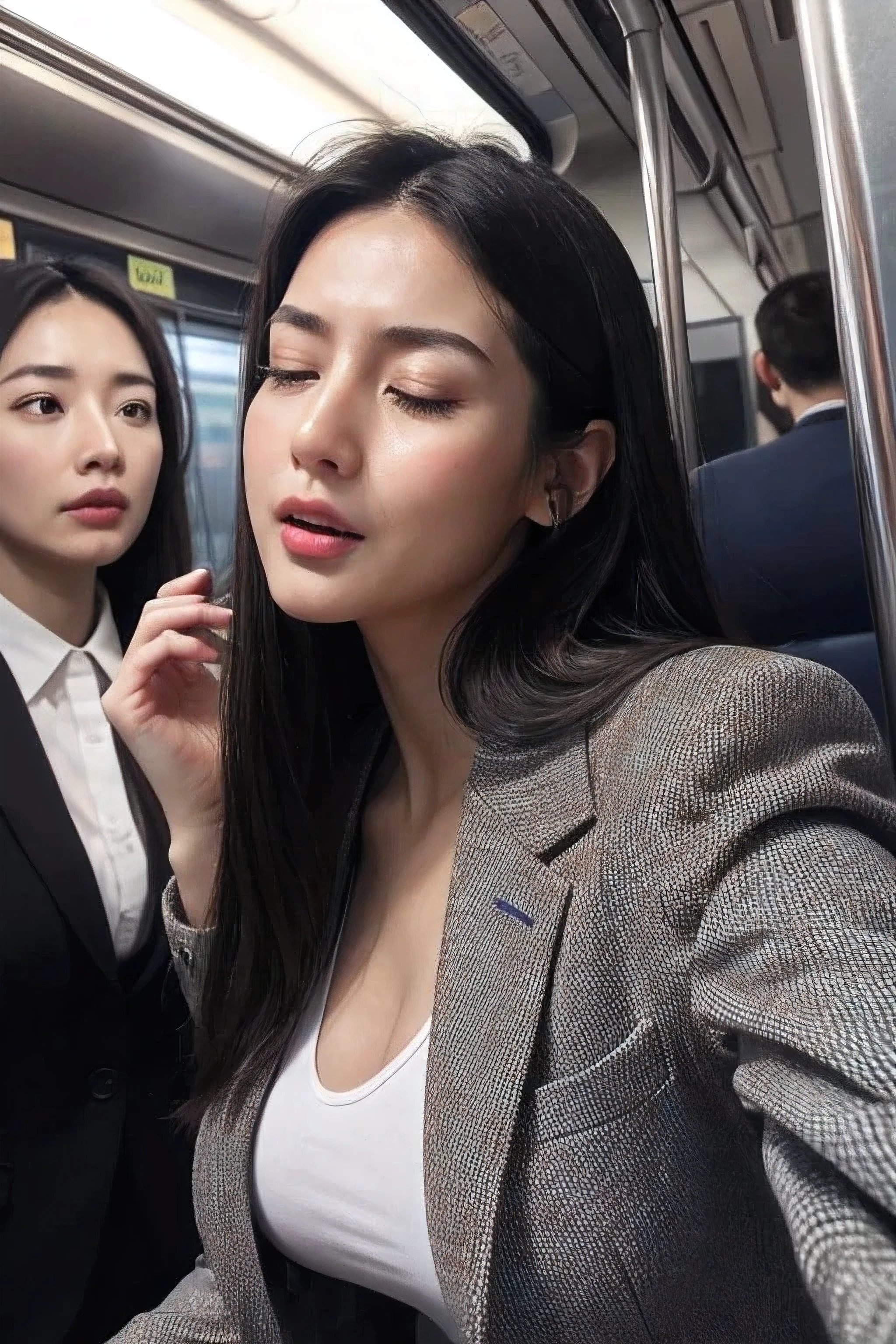 1girl,muste piece,,Award-winning photo, Extremely detailed, edge orgasm,face focus, (woman with open mouth and closed eyes ), 30 years old、black hair、shiny skin、Close-up of face,from below、realistic nostrils、elongated nasal passages,、train、(Inside the train)、congestion、Are standing、((business suit))、big breasts、(sharp nose)grimacing expression,#concept,teeth,expression,facial expressions,grimacing