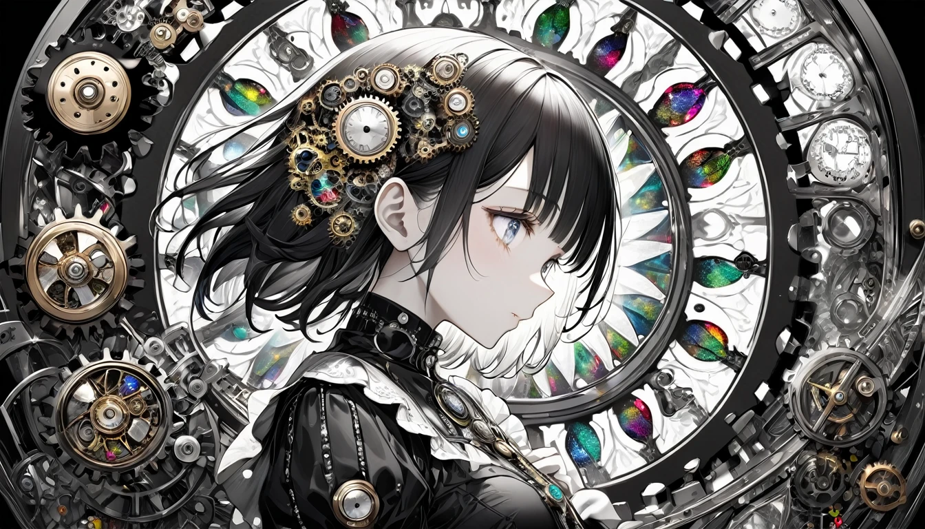 best quality, super fine, 16k, incredibly absurdres, extremely detailed, delicate and dynamic, stained glass kaleidoscope made of jewels of various colors, with mechanical mechanisms, clockwork mechanisms, and gear mechanisms, monochrome girl peering into it, iridescent world artwork 