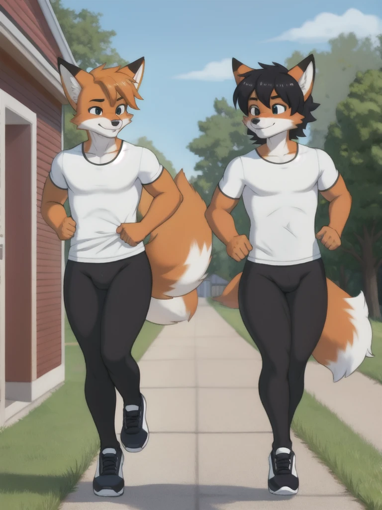 Furry, fox, male, twins, black leggings, white shirt, jogging outside the house, teen