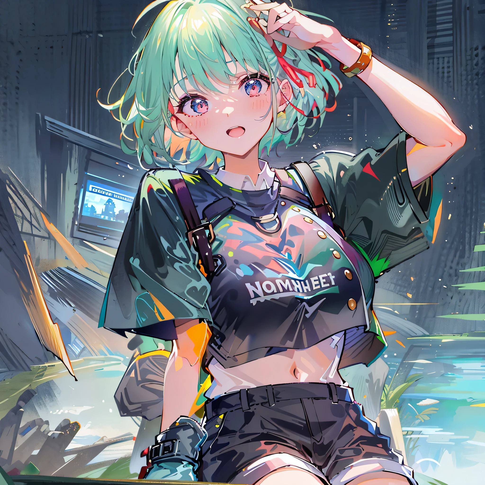 8K resolution、((top-quality))、((masterwork))、((ultra-detailliert))、1 woman、solo、incredibly absurdness、Oversized  T-shirt’s 、ocean、plein air、Sateen、neons、Shortcut Hair、lights green Hair Brightly colored eyes、Hands in pockets、shortpants、really cute 、summer