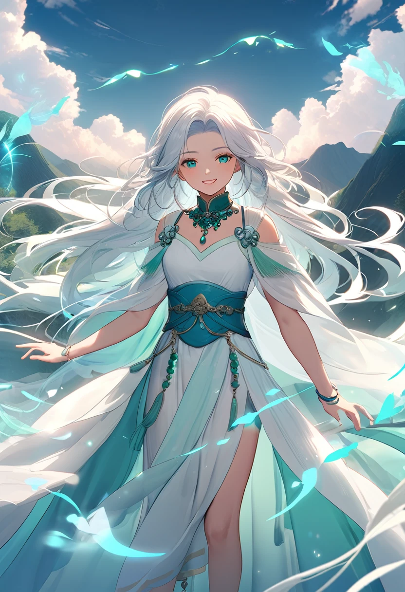 Ancient style woman, Holding a sword with blue flames, White clothes,Long flowing hair, Wear jade jewelry, She has a confident smile on her face, She is suspended in the clouds like a fairy, Behind are layers of mountains