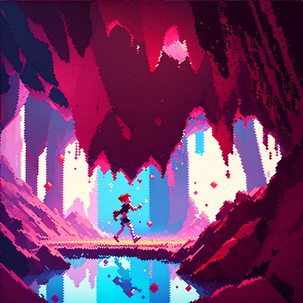 A  with short, reddish hair running to reach a cherry (pixel art), In a celestial cave