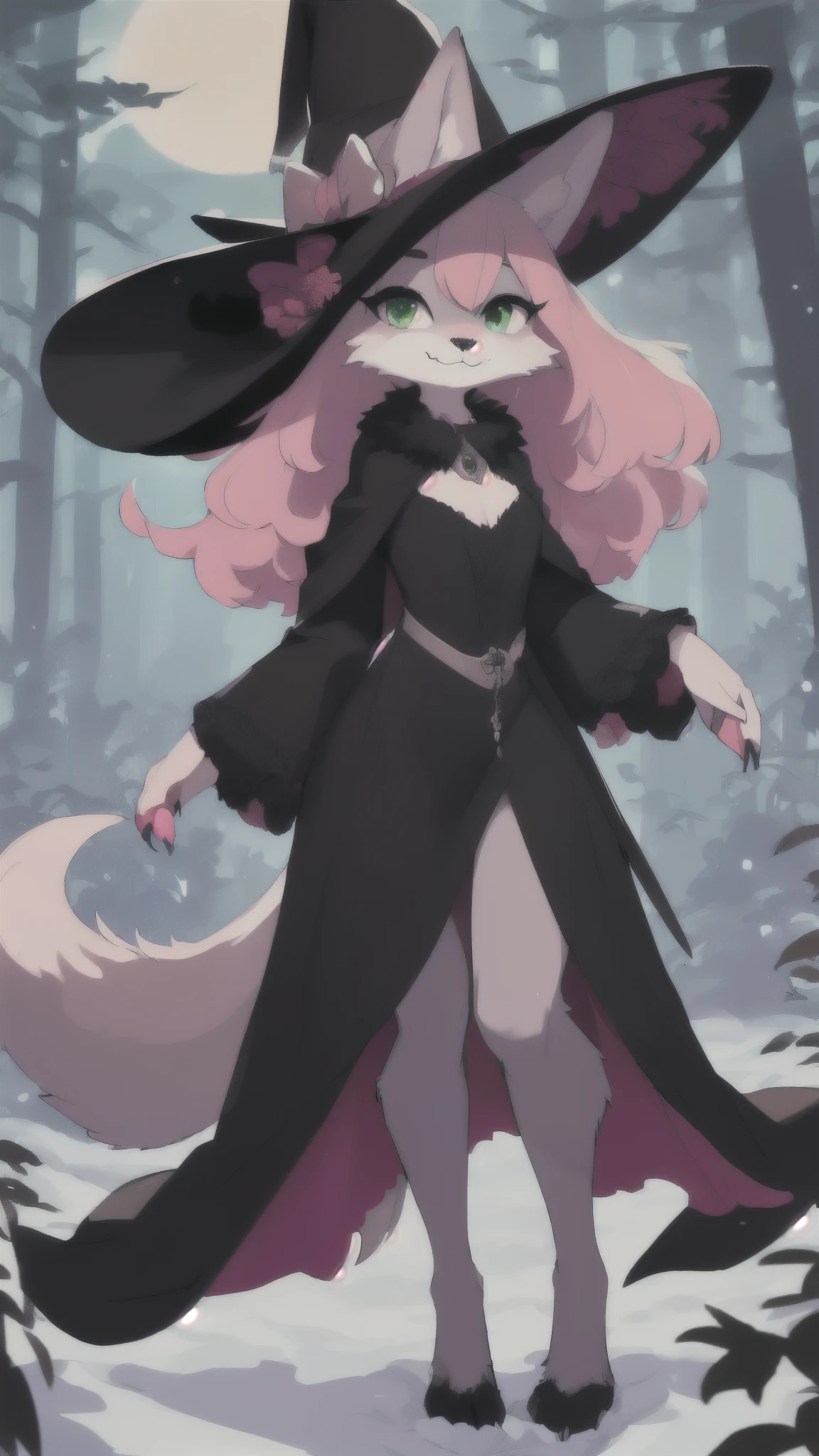detailed background, dark and eerie forest, fog rolling through the trees, snow-covered ground, full moon shining brightly in the sky, a clearing with scattered leaves and pumpkins, a((slim and graceful)(wolf:1.2))female standing tall in her witch costume, (black dress adorned with silver stars), (pointy hat with a wide brim), (long flowing cloak trailing behind her), (sharp claws on her fingertips), (piercing green eyes sparkling with mischief), ((delicate pink nose:1.1)peeking out from under her witch hat), (playful smile revealing sharp fangs), detailed fur markings resembling mystical patterns on her body, (confident stance), (half-body view)
