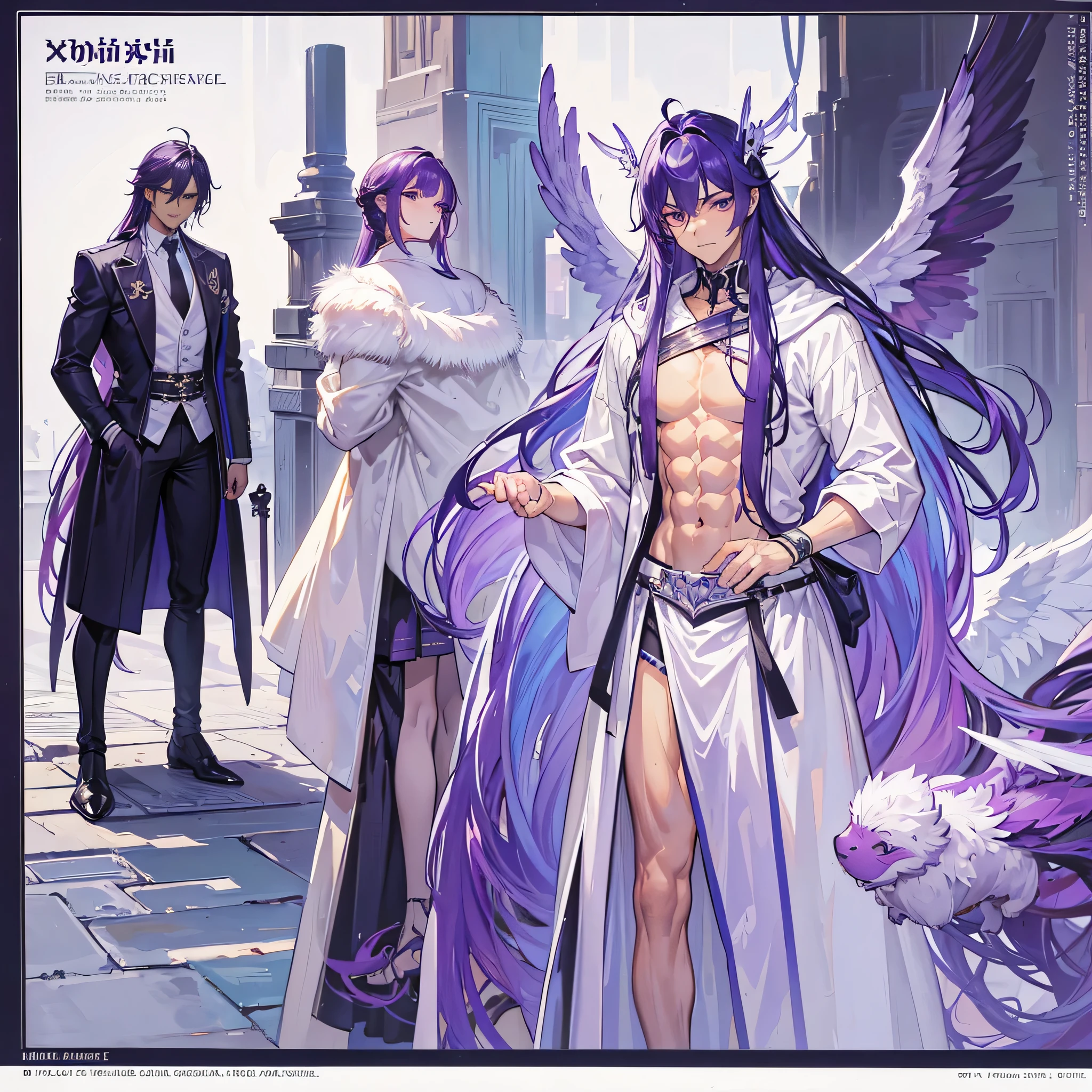 (Masterpiece, best quality), detailed, 1 man, ((character concept art)), ((character design sheet, same character, front, side, back)),1 Male, 1 Man, Detailed face, character design sheet，full bodyesbian, Highly detailed, character sheet, character design, Many parts, dark skin, angel wings, long purple hair, angel outfit, masculine, muscle man, male muscle, manly, male angel, Muscle male with purple long hair，handsome man, man tall, abs, pectoral muscle