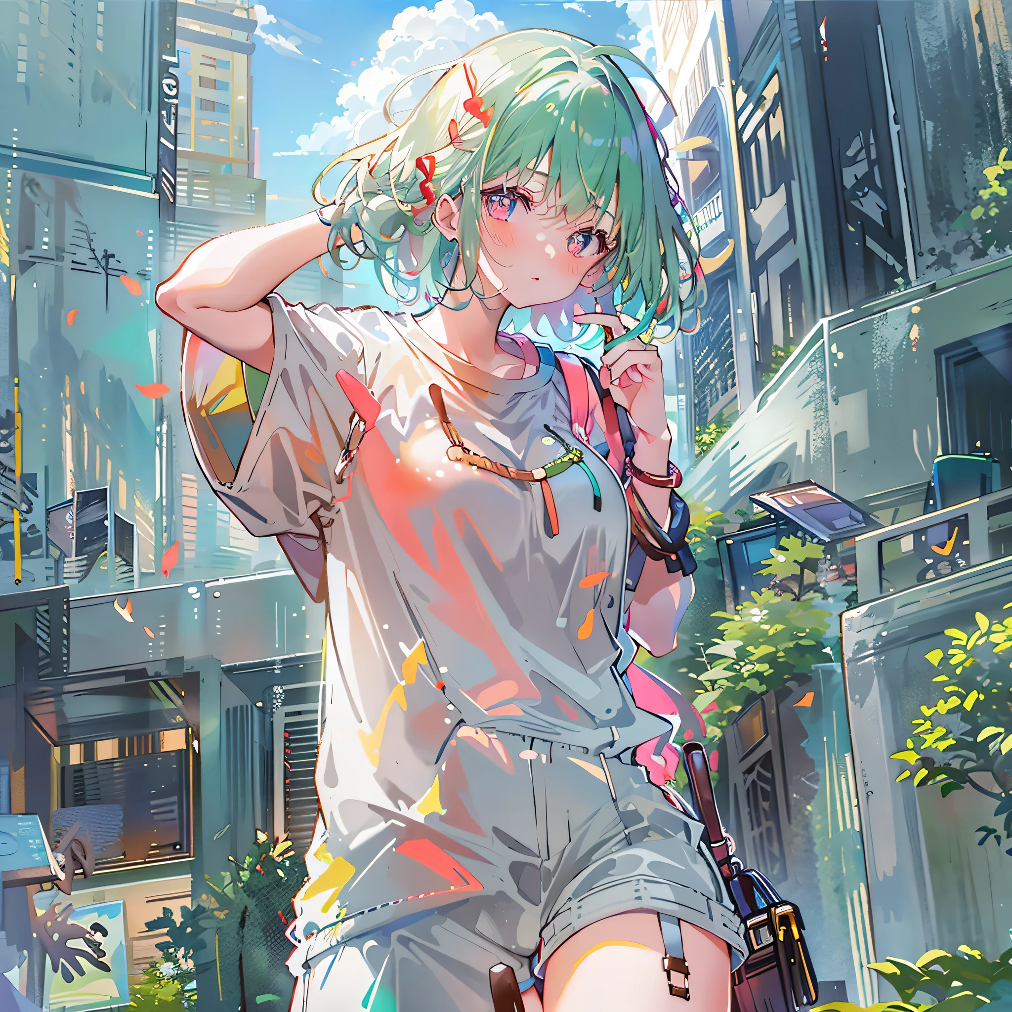 8K resolution、((top-quality))、((masterwork))、((ultra-detailliert))、1 woman、solo、incredibly absurdness、Oversized  T-shirt’s 、ocean、plein air、Sateen、neons、Shortcut Hair、lights green Hair Brightly colored eyes、Hands in pockets、shortpants、really cute 、summer