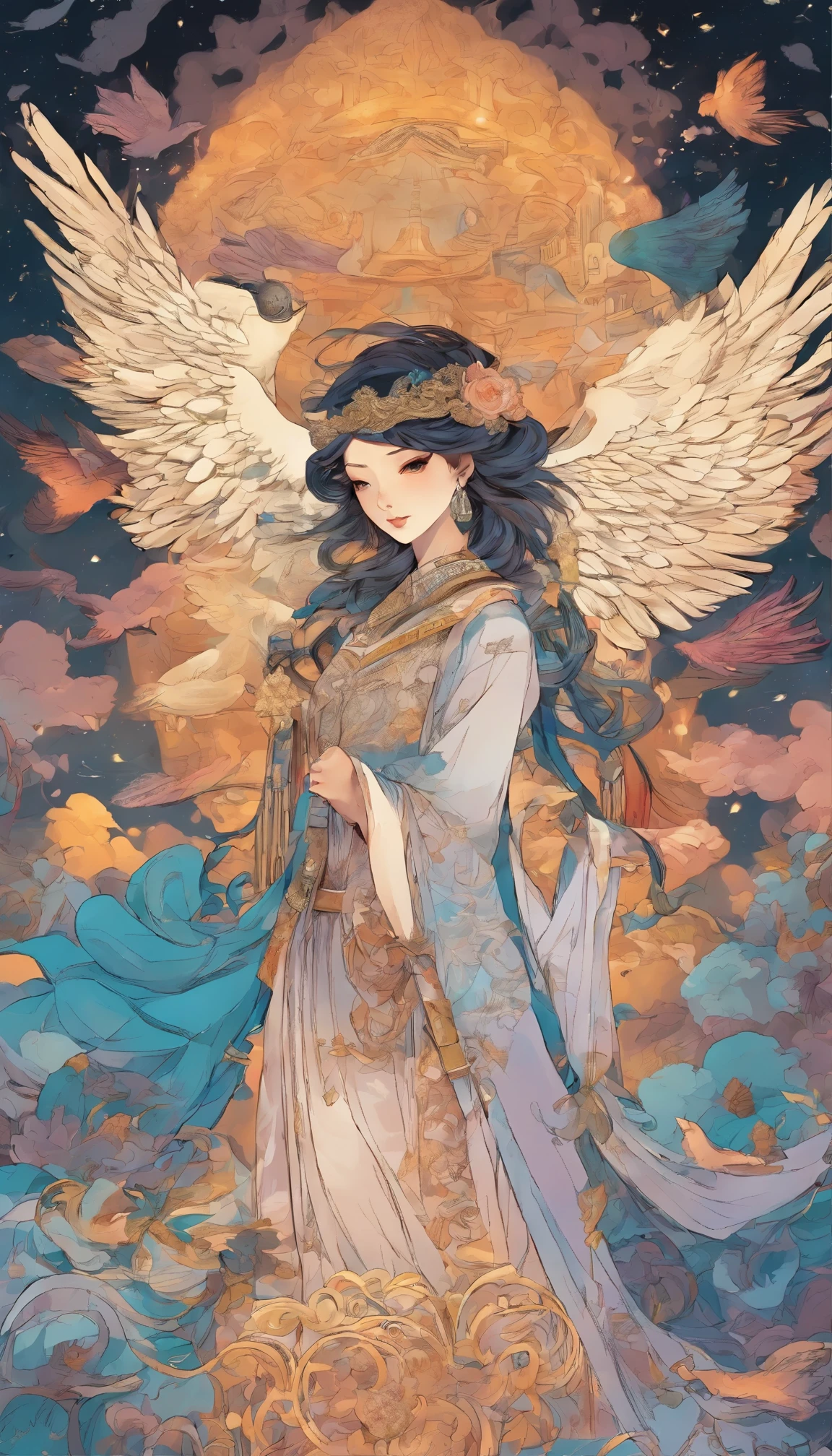 title: Mystical Rite of the Avian Oracles In a mysterious and vast environment、The scene unfolds in a hazy, smoky atmosphere.、Evokes an air of antiquity and mystery。Anthropomorphic birds dressed in intricate and detailed costumes、They dance in unison while offering prayers.。Their outfits are adorned with delicate feather detailing.、Sparkling under realistic 8K photos、Sparkling。 This ensemble is、It creates a sense of complexity and complexity.、It is full of unique and mysterious images.。In the background、The sky is covered with ominous, swirling clouds。