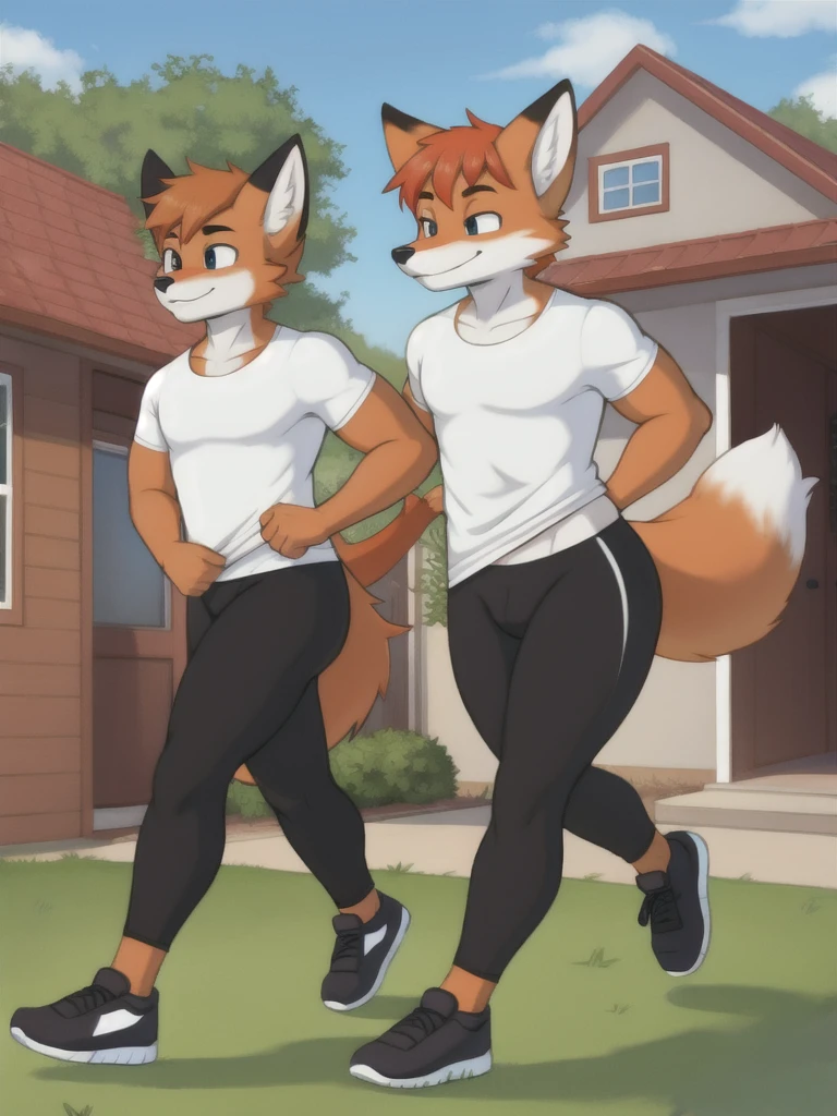 Furry, fox, male, twins, black leggings, white shirt, jogging outside the house, teen