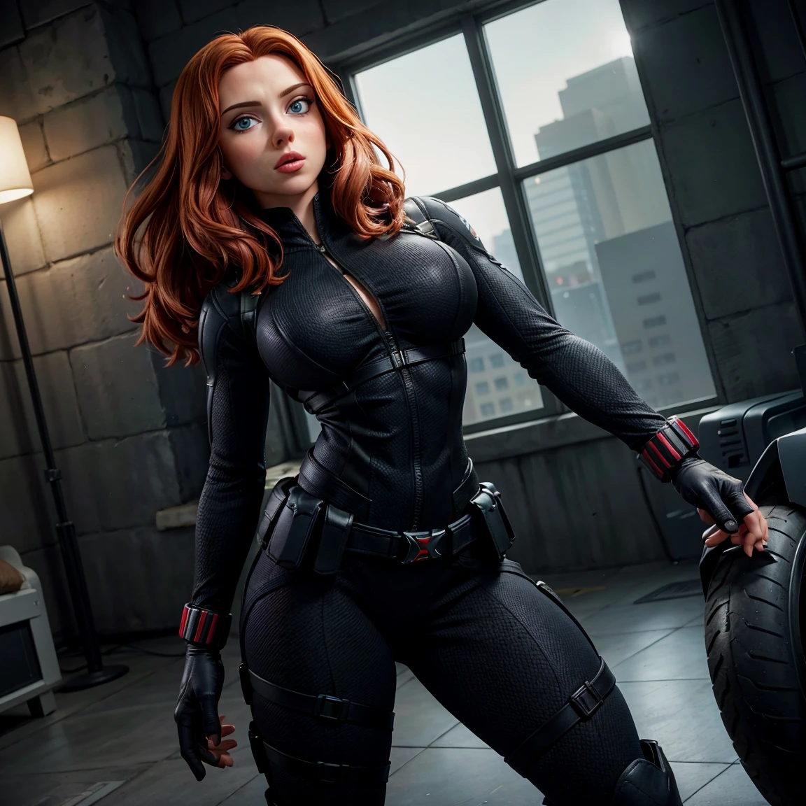 8K, Ultra HD, super details, high quality, high resolution. The heroine Black Widow looks beautiful in a full body photo, her body is sculptural, her medium wavy red hair is radiant in a perfect combination with her white skin, her bright blue eyes mesmerize everyone. She is wearing her heroine costume, This consists of, A tight, skin-tight bodysuit made of strong fabric, flexible material, probably kevlar or a similar material, The bodysuit has zippers on the sides for easy movement and access, There are red accents on the chest , forming a stylized hourglass symbol, which is a reference to her nickname "Black Widow", She wears a black belt with several compartments and pockets to carry her equipment and weapons, Her boots are black, with thick, non-slip soles for better traction, She wears black gloves that cover her forearms, with red details on the backs of her hands. she looks very sexy, drawing attention to her big breasts and thick legs.