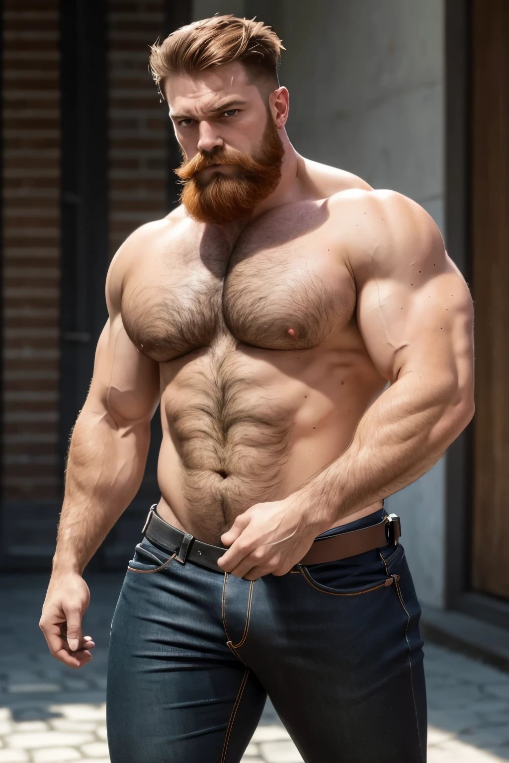 Masterpiece, Best Quality, Ultra-Detailed, muscular, bearded, thick mustache, imposing man [intense look], Intimidating presence, male figure,[imposing shadows],gritty realism, extreme detailed description, wide shoulders, green eyes, detailed eyes, brilliant eyes, handsome eyes, red hair, ginger hair, ginger beard, [chin stubble], imposing silhouette, bright colors, distinctive beard style, sharp focus, Unyielding pose, sense of authority, jeans (((big bulge) (((frontal)))
