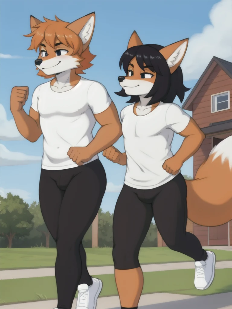 Furry, fox, male, twins, black leggings, white shirt, jogging outside the house,