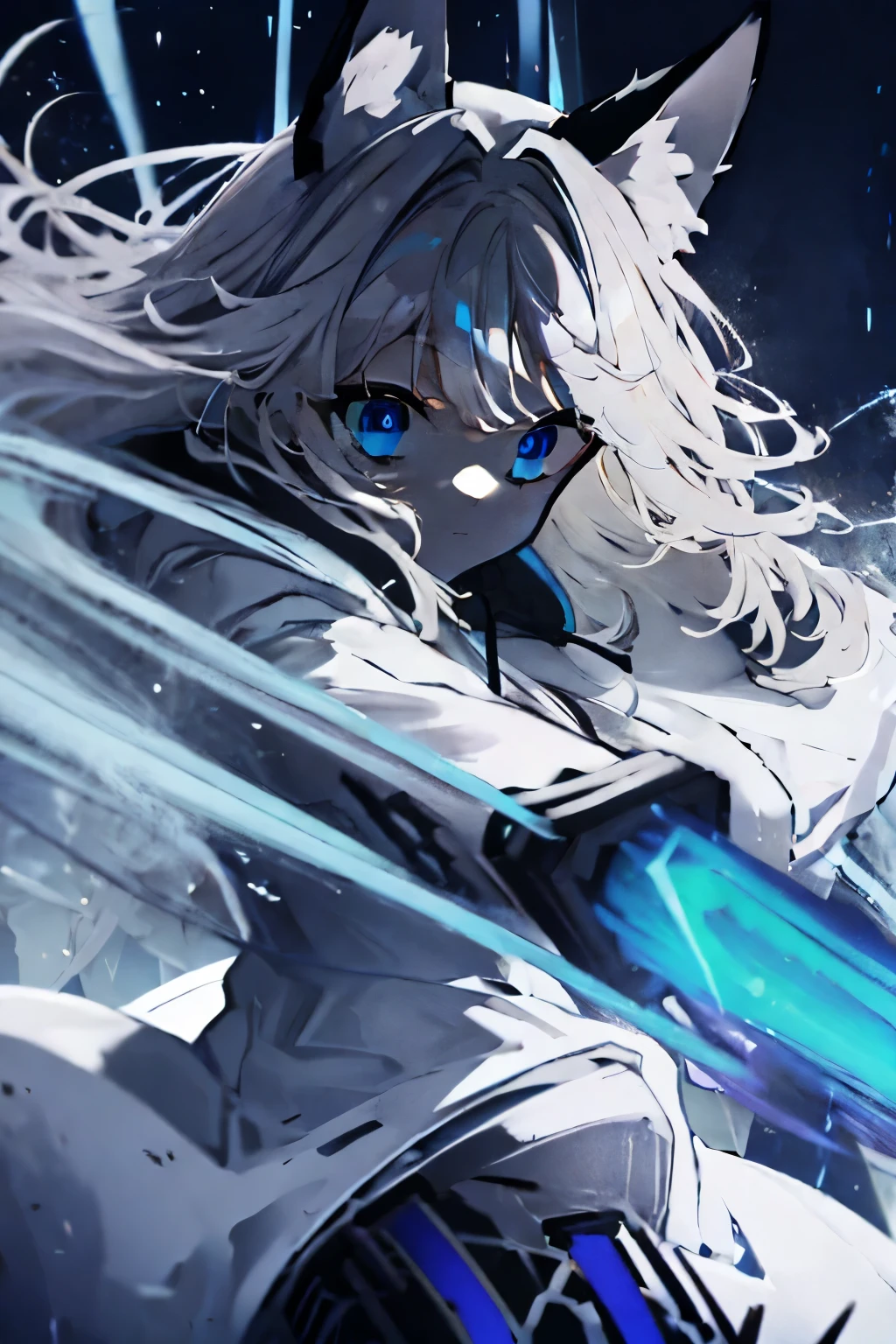 Girl with blue eyes, fox ears, long white hair, hoodie, blue lightning, sword