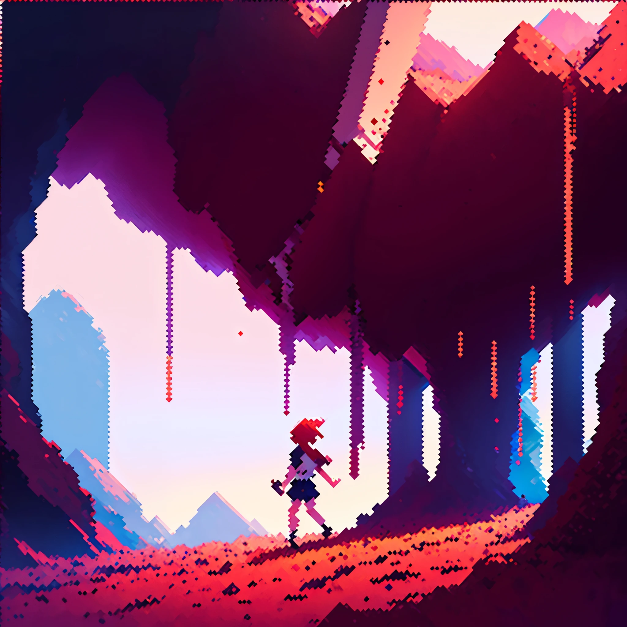 A  with short, reddish hair running to reach a cherry (pixel art), In a celestial cave