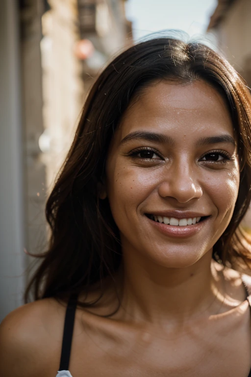 "Portrait of a 40-year-old Brazilian woman, clear facial features of happiness, joy, with a smile on her face, cinematic, wide shot, 35 mm lens, f/1.8, highlight lighting, global illumination::1"