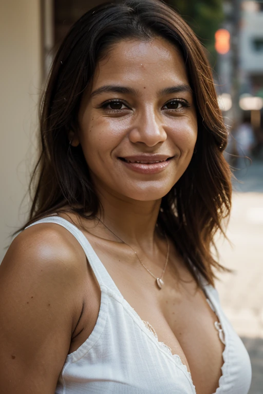 "Portrait of a 40-year-old Brazilian woman, clear facial features of happiness, joy, with a smile on her face, cinematic, wide shot, 35 mm lens, f/1.8, highlight lighting, global illumination::1"