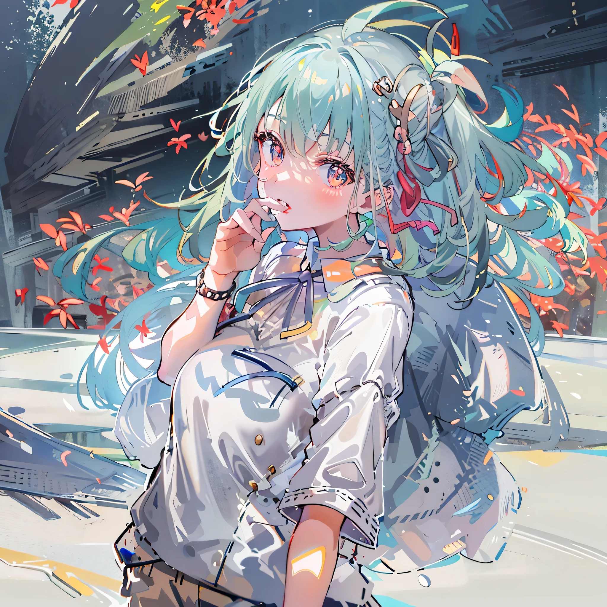 8K resolution、((top-quality))、((masterwork))、((ultra-detailliert))、1 woman、solo、incredibly absurdness、Oversized  T-shirt’s 、ocean、plein air、Sateen、neons、Shortcut Hair、lights green Hair Brightly colored eyes、Hands in pockets、shortpants、really cute 、summer