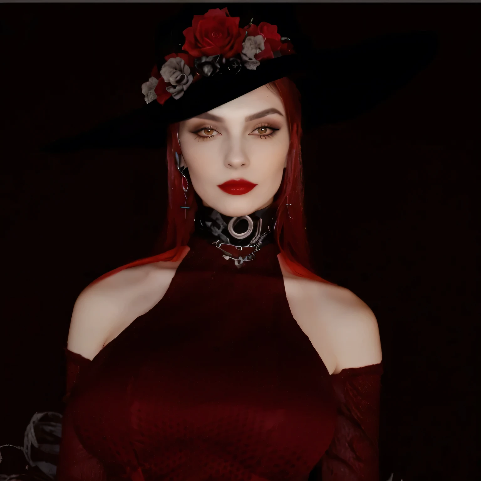 there is a woman wearing a black hat and a red dress, gothic horror vibes, bruxa escura elegante, assustador, mas fascinante, using gothic accessories, Red dress and magic witch hat, classic witch, bruxa, gothic maiden, vampire woman, Vampire the Masquerade, Vampires, tons de vermelho e preto, adornos vermelhos, Estilo sensual e sombrio, tema carmesim, adornos vermelhos, wearing a witch's hat